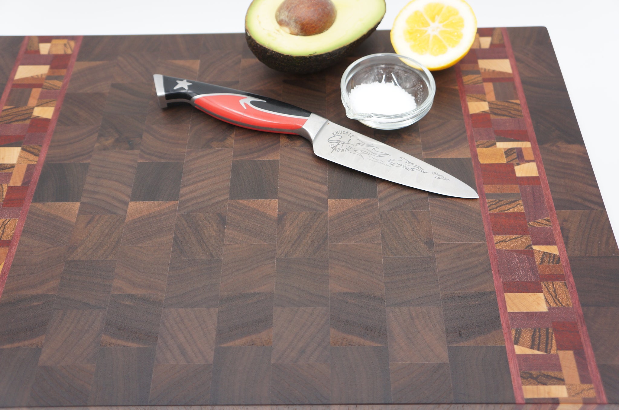 Walnut with Purple Heart and Chaos Accent End Grain Cutting Board